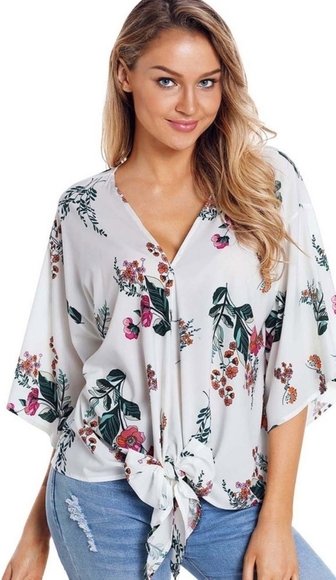 Shinth Cream V-neck Floral Batwing 3/4 Sleeve Self-tied at Hem Blouse Size M - Picture 1 of 10